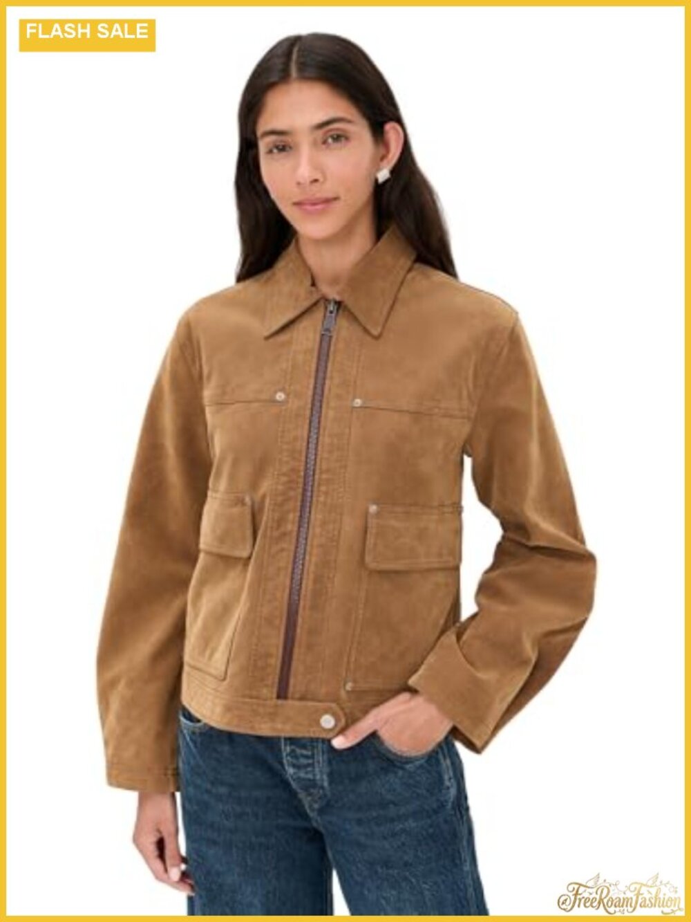 Faux Suede Aviator Jacket Snap Flap Pockets